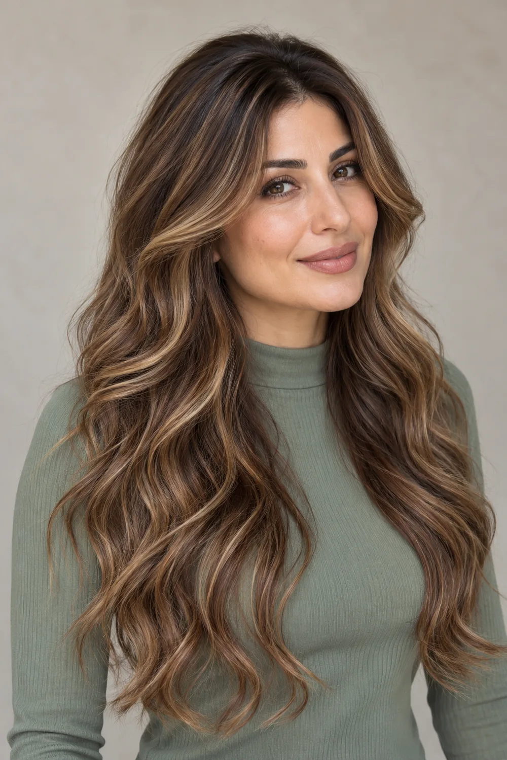 Adult woman with long caramel-brown brunette waves and golden-beige face-framing and upper-layer ribbons, wearing a sage high-neck top.