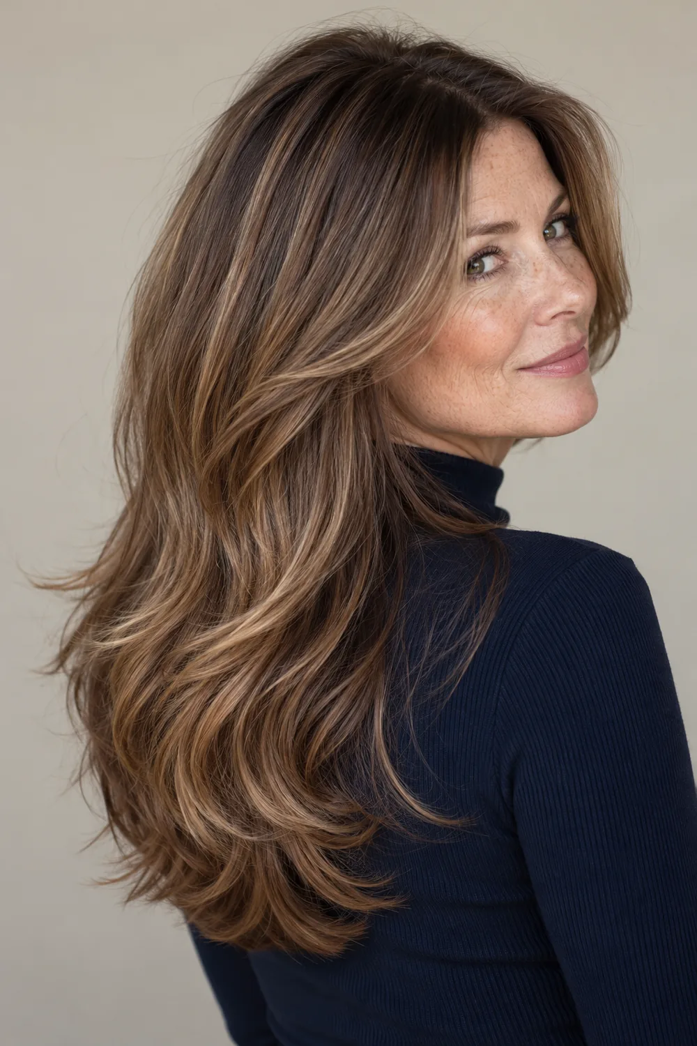 A freckled adult woman in a navy high-neck top, shown in three-quarter view with long cocoa-rooted brunette layers and honey-beige ribbons through the warm brown lengths.