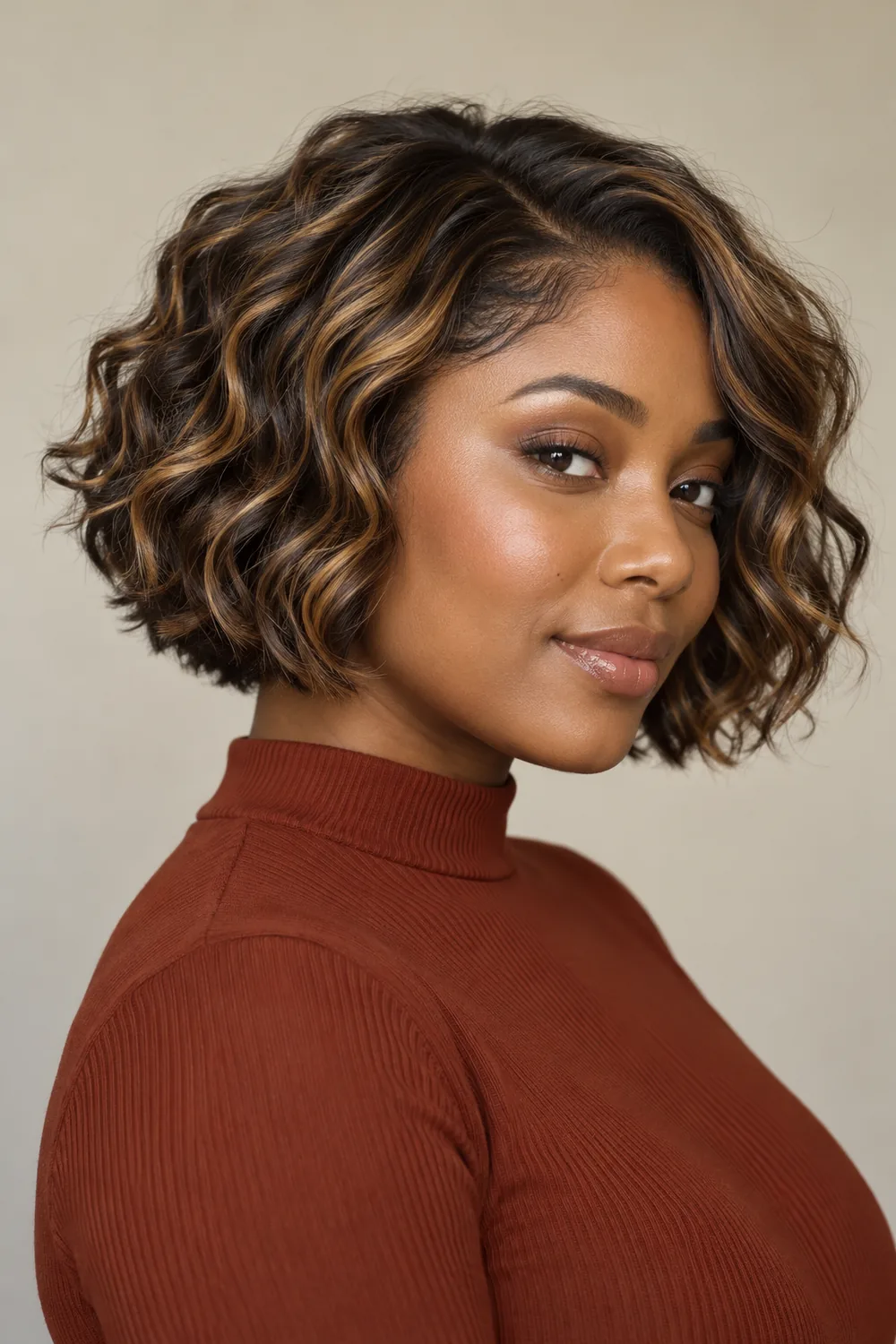 Adult Black woman in a three-quarter portrait with a chin-length wavy teddy bear brunette bob, golden-beige highlights, softly blended roots, and a rust high-neck top.