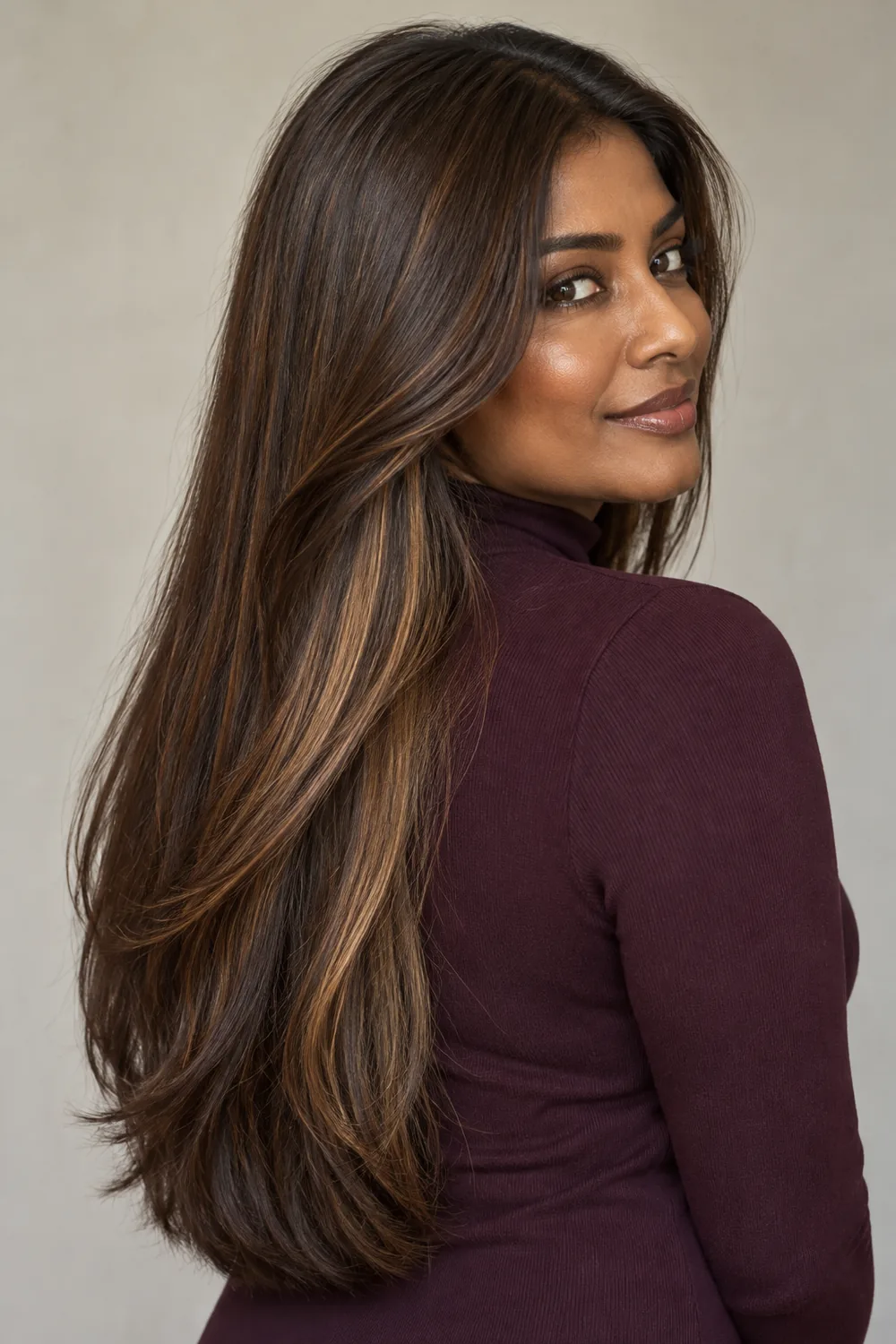 A woman with long, straight teddy bear brunette hair swept over one shoulder, revealing subtle golden-beige ribbons beneath the lower layers.