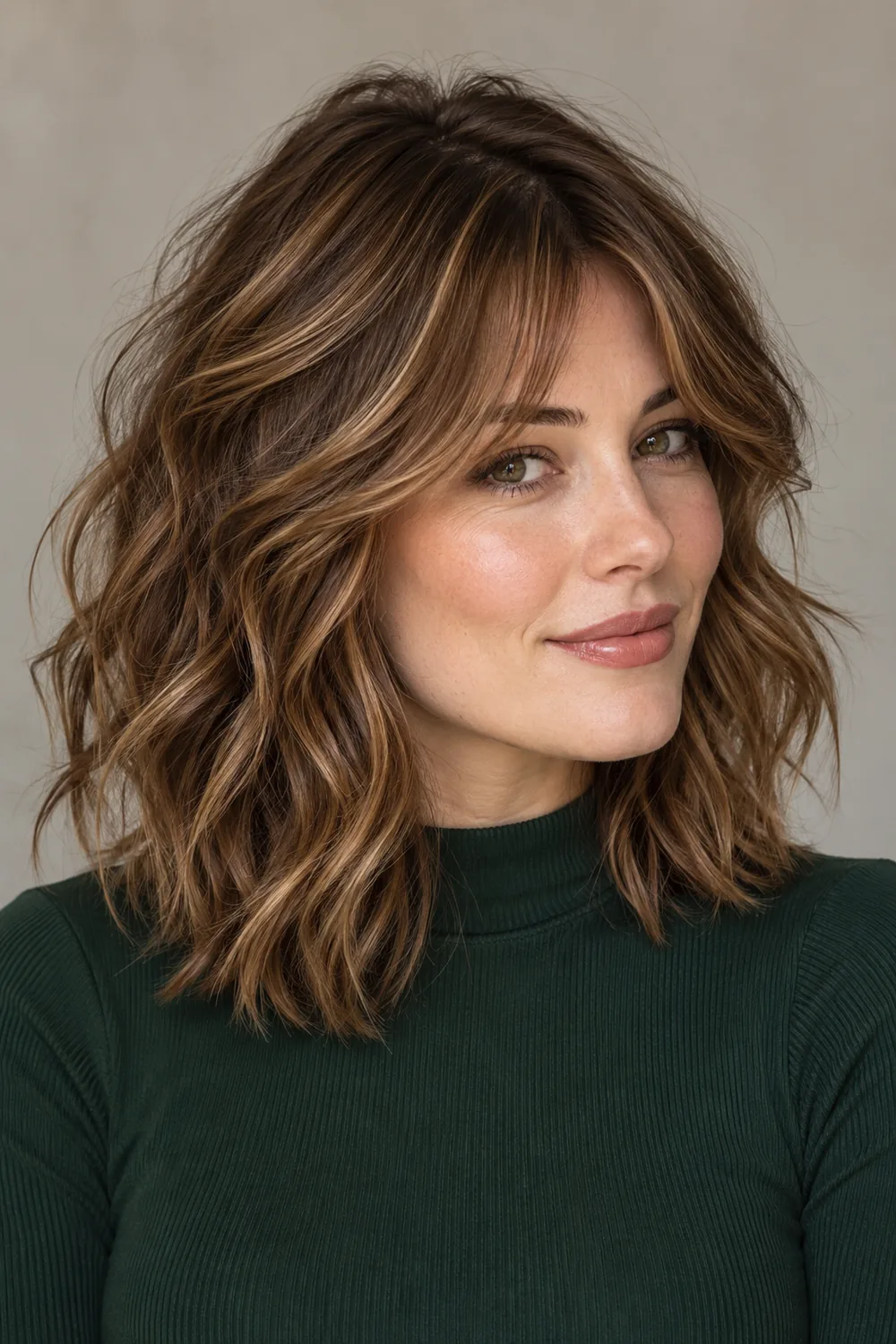 A woman with a shoulder-length chestnut brunette shag, curtain fringe, and fine golden-beige highlights through the layers, wearing a forest-green high-neck top.