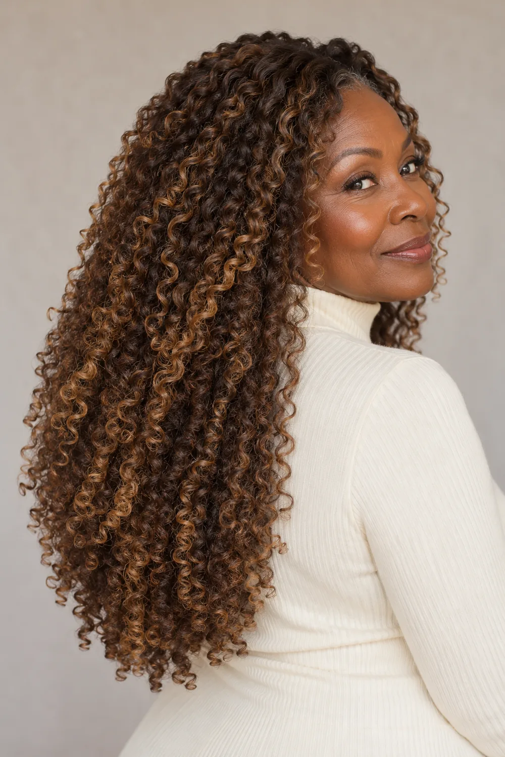 A fictional adult Black woman in a cream high-neck top, shown in a rear three-quarter portrait with long deep brunette coils and subtle golden-beige accents.