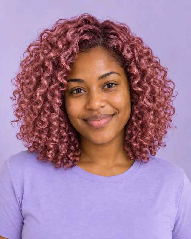 Dark curly hair changed to rose pink on a fictional AI portrait